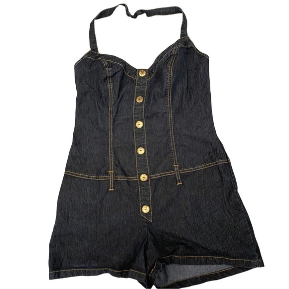 Bisou Bisou Dark Wash Denim Romper Halter Neck Sz 14 Junior - Picture 5 of 9